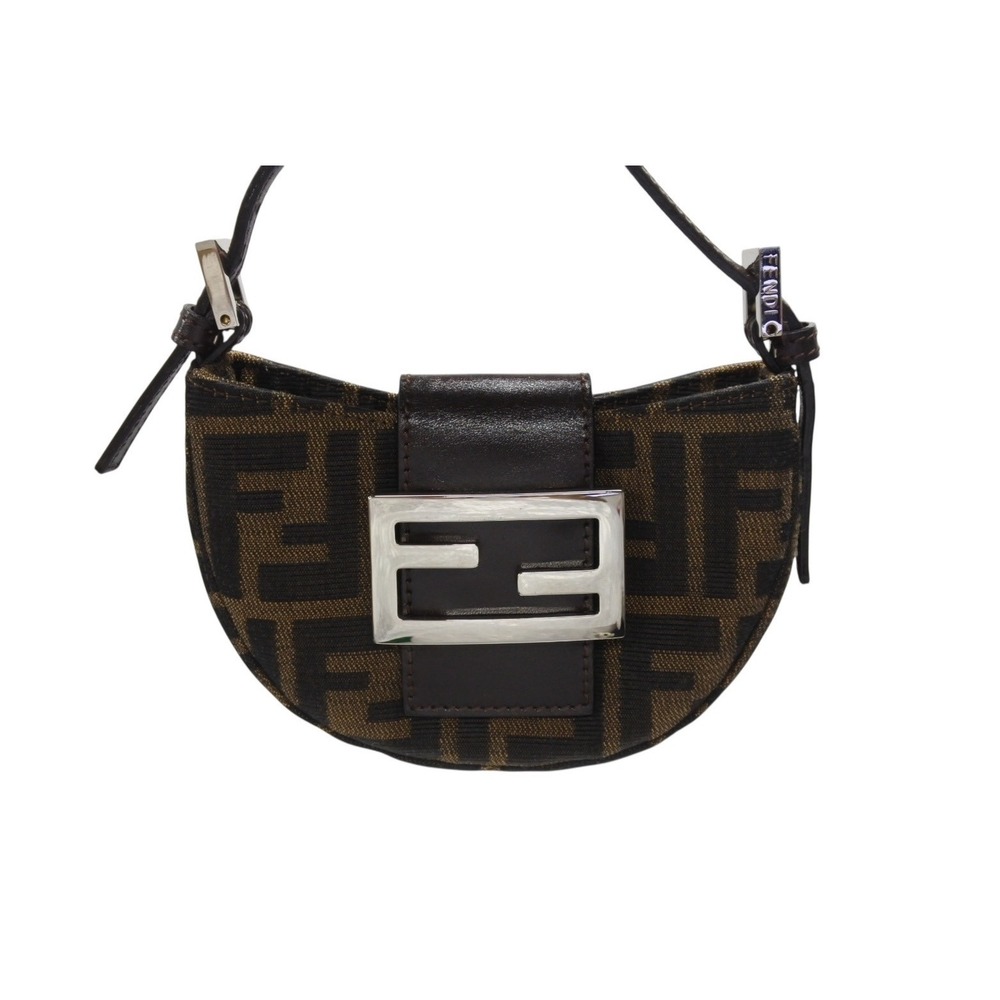 Fendi Croissant Bucket Leather Brown Handbag Canvas Zucca Mamma